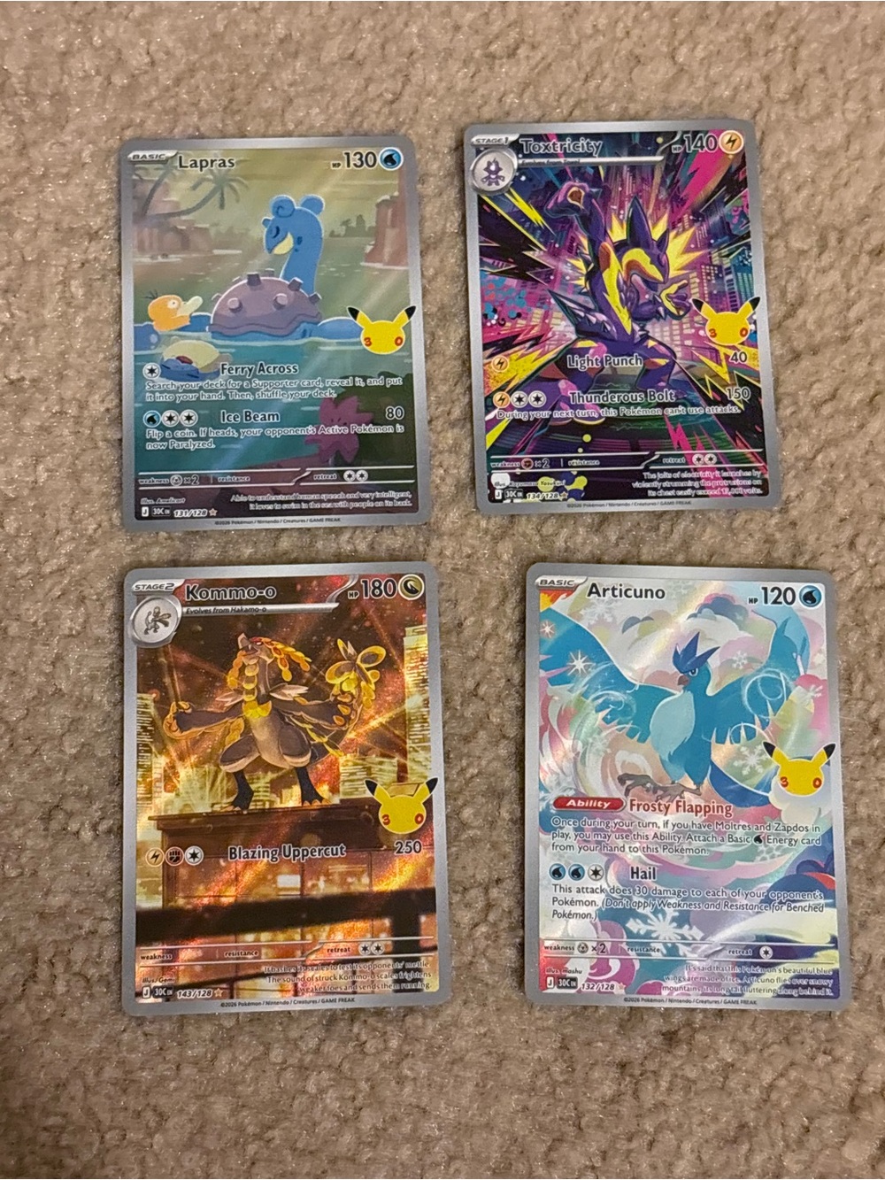 Pokemon 30th anniversary Cards: Lapras, Toxtricity, Kommo-o, Articuno
